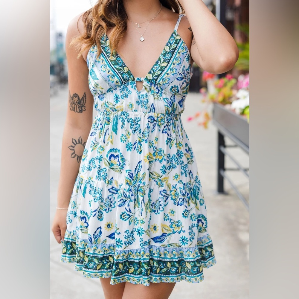 Angel White Floral V-Neck Dress with Blue & Green Print